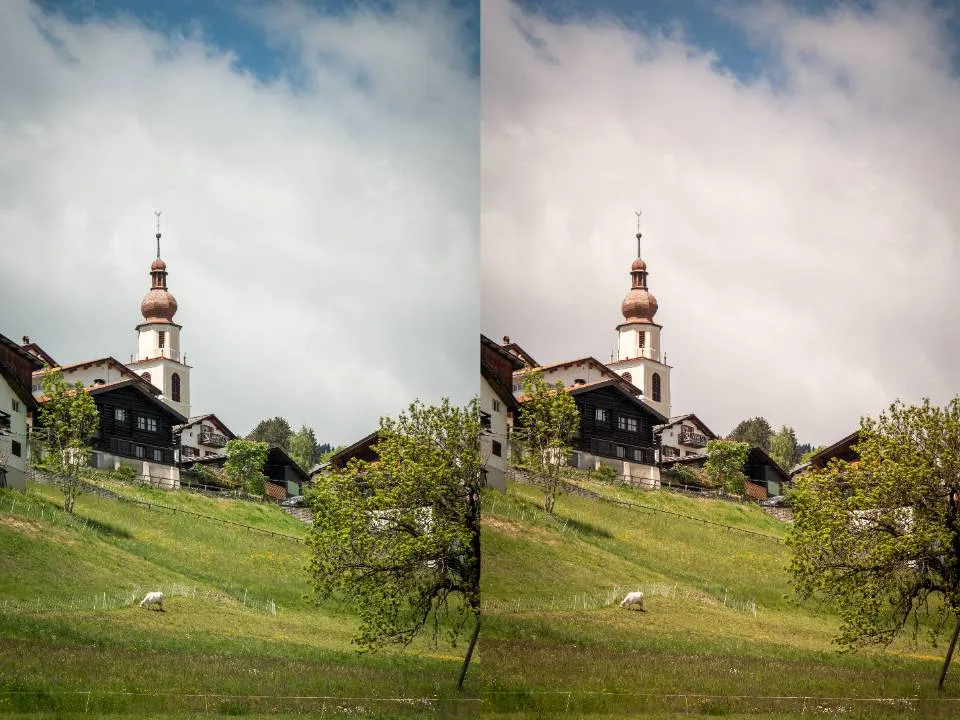 Split image of a tower in Switzerland. The left image looks cooler than the right image.